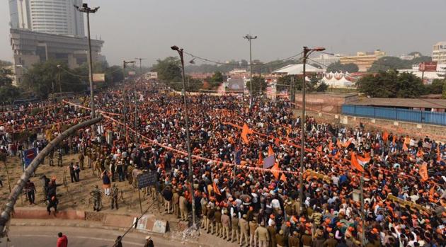 Thousands of people gathered at Ramlila Maidan for the Vishwa Hindu Parishad rally, which comes ahead of Parliament’s winter session commencing Tuesday. (HT Photo) Thousands of people gathered at Ramlila Maidan for the Vishwa Hindu Parishad rally, which comes ahead of Parliament’s winter session commencing Tuesday. (HT Photo)