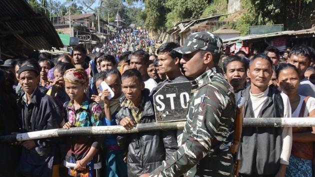 Mizoram assembly elections 2018: Internally displaced Bru Reang tribespeople wait to cross into Mizoram to cast their votes.(AFP file Photo)