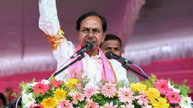 Telangana assembly elections : The chief minister and TRS chief K Chandrashekar Rao addresses a public meeting at Suriyapet in Nalgunda district.(PTI File Photo)