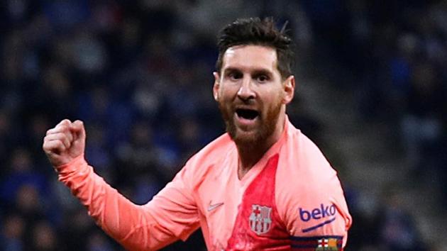 Barcelona's Lionel Messi celebrates scoring their first goal. (REUTERS) Barcelona's Lionel Messi celebrates scoring their first goal. (REUTERS)
