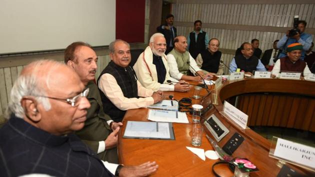 Prime Minister Narendra Modi, Senior Congress leader Ghulam Nabi Azad, Union Minister Narendra Singh Tomar, Finance Minister Arun Jaitley along with other leaders attend an all-party meeting, ahead of the Winter Session of the Assembly, in New Delhi. (Sonu Mehta / HT Photo) Prime Minister Narendra Modi, Senior Congress leader Ghulam Nabi Azad, Union Minister Narendra Singh Tomar, Finance Minister Arun Jaitley along with other leaders attend an all-party meeting, ahead of the Winter Session of the Assembly, in New Delhi. (Sonu Mehta / HT Photo)