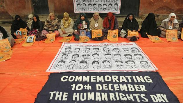 Relatives of disappeared persons take part in a sit-in protest to mark the ‘International Human Rights Day’ in Srinagar. The protest was organized by Association of Parents Disappeared Persons (APDP) seeking the whereabouts of the relatives who have allegedly disappeared in custody since 1989 in Kashmir. (Waseem Andrabi / HT Photo) Relatives of disappeared persons take part in a sit-in protest to mark the ‘International Human Rights Day’ in Srinagar. The protest was organized by Association of Parents Disappeared Persons (APDP) seeking the whereabouts of the relatives who have allegedly disappeared in custody since 1989 in Kashmir. (Waseem Andrabi / HT Photo)