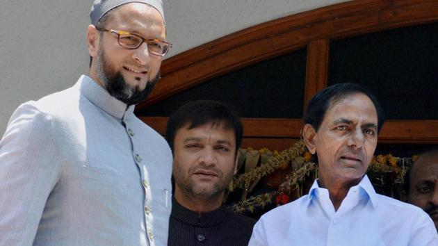 Telangana assembly elections 2018: A day before elections results are announced, Hyderabad MP Asaduddin Owaisi Monday arrived to meet caretaker chief minister K Chandrasekhar Rao triggering buzz on whether his MIM could extend support to the TRS in forming the next government.(PTI File Photo)