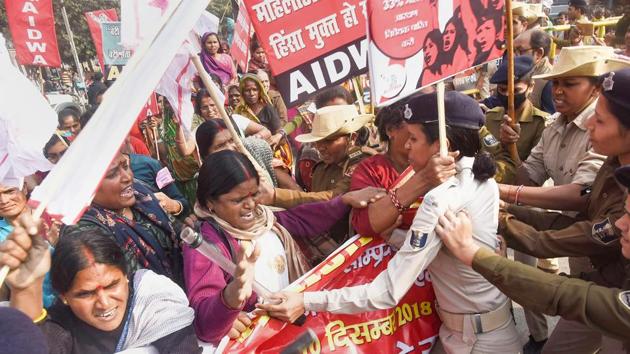 All India Democratic Women’s Association (AIDWA) activists clash with policemen during a protest march against Bihar government on the issue of violence against women, in Patna. (PTI) All India Democratic Women’s Association (AIDWA) activists clash with policemen during a protest march against Bihar government on the issue of violence against women, in Patna. (PTI)