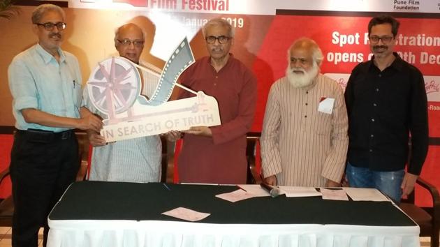 The theme of 17th Pune International Film Festival is unveiled on Monday in a Press Conference held in Pune. On the occasion (L to R) Makrand Sathe, Satish Alekar, Jabbar Patel, Samar Nakhate and Abhijit Randive were present (HT PHOTO) The theme of 17th Pune International Film Festival is unveiled on Monday in a Press Conference held in Pune. On the occasion (L to R) Makrand Sathe, Satish Alekar, Jabbar Patel, Samar Nakhate and Abhijit Randive were present (HT PHOTO)