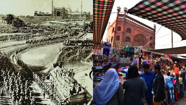 The Coronation Durbar; the picture was taken on the day of the coronation itself. Seen here is the royal procession, heading towards the Jama Masjid. Left: A recent picture of the vicinity of the mosque. (Photos: Delhi Archives and Raj K Raj/HT)