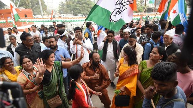 Congress supporters celebrate at the party office in Raipur as the party makes gains in Chhattisgarh (HT Photo) (HT Photo) Congress supporters celebrate at the party office in Raipur as the party makes gains in Chhattisgarh (HT Photo) (HT Photo)