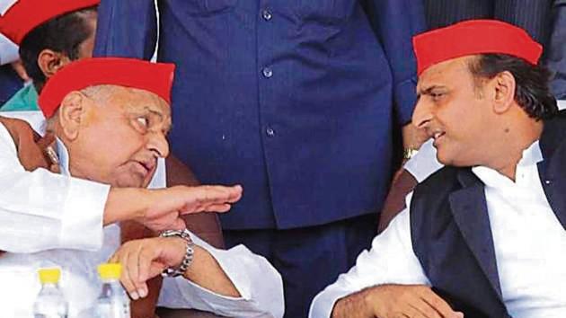SP patriarch Mulayam Singh Yadav at PSPL chief Shivpal Yadav’s first show of strength in Lucknow on Sunday; (right) at a public rally held by Akhilesh Yadav in Firozabad on Friday (HT Photo) SP patriarch Mulayam Singh Yadav at PSPL chief Shivpal Yadav’s first show of strength in Lucknow on Sunday; (right) at a public rally held by Akhilesh Yadav in Firozabad on Friday (HT Photo)