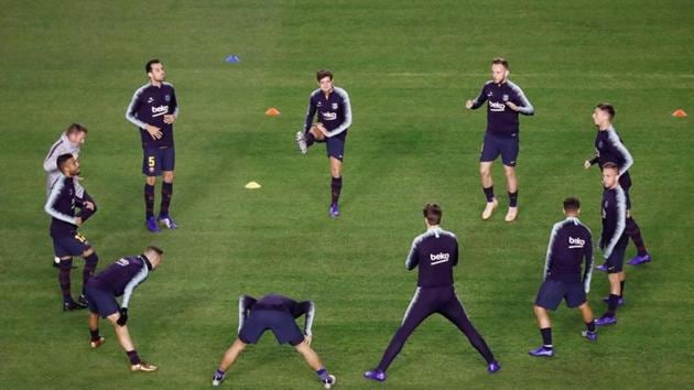 Barcelona players during the warm up before the match(REUTERS) Barcelona players during the warm up before the match(REUTERS)