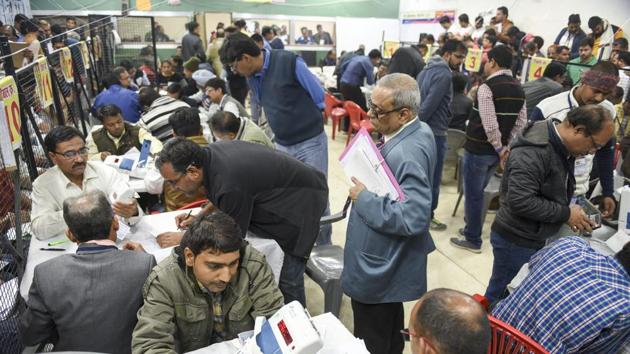 Counting of votes for the Assembly elections in progress at a counting centre in Indore, Madhya Pradesh on Tuesday.(PTI)