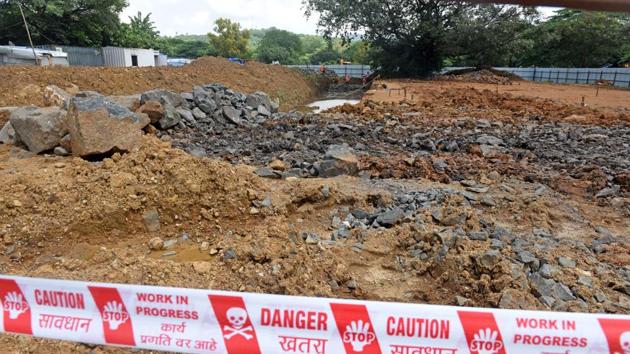 Metro construction activity being carried out at unit 19 Aarey for metro III (Colaba-Bandra-SEEPZ)in Aarey in Mumbai in September. The Supreme Court of India on Monday allowed the Mumbai Metro Rail Corporation Limited (MMRCL) to go ahead with the tunneling/construction work.(HT File Photo)
