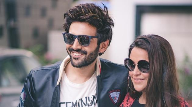 Kartik Aaryan and Neha Dhupia during the recording for #NoFilterNeha Season 3 in Mumbai on November 9, 2018.(IANS)