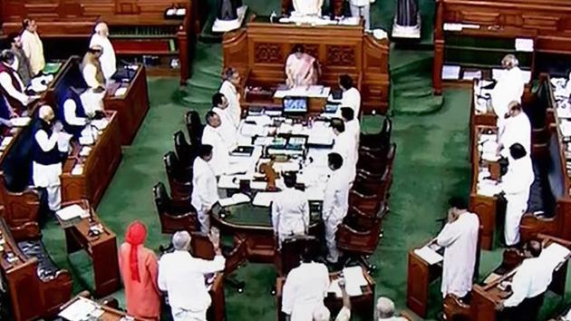 New Delhi: Members stand for the national anthem in the Lok Sabha on the last day of the Monsoon session of Parliament, in New Delhi on Friday, Aug 10, 2018. (PTI) New Delhi: Members stand for the national anthem in the Lok Sabha on the last day of the Monsoon session of Parliament, in New Delhi on Friday, Aug 10, 2018. (PTI)