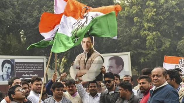 Congress party workers celebrate the party's good show in the Assembly elections of Rajasthan, Chhattisgarh and Madhya Pradesh, at AICC headquarters in New Delhi, December 11 (AP) Congress party workers celebrate the party's good show in the Assembly elections of Rajasthan, Chhattisgarh and Madhya Pradesh, at AICC headquarters in New Delhi, December 11 (AP)