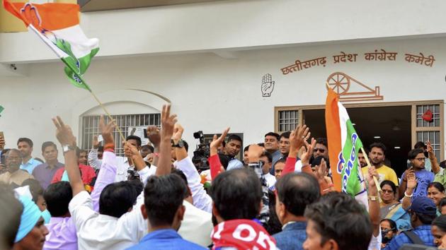 Congress workers celebrate the party's good show in the assembly elections of Rajasthan, Chhattisgarh and Madhya Pradesh, at the party office in Raipur on Dec. 11 (PTI Photo) Congress workers celebrate the party's good show in the assembly elections of Rajasthan, Chhattisgarh and Madhya Pradesh, at the party office in Raipur on Dec. 11 (PTI Photo)