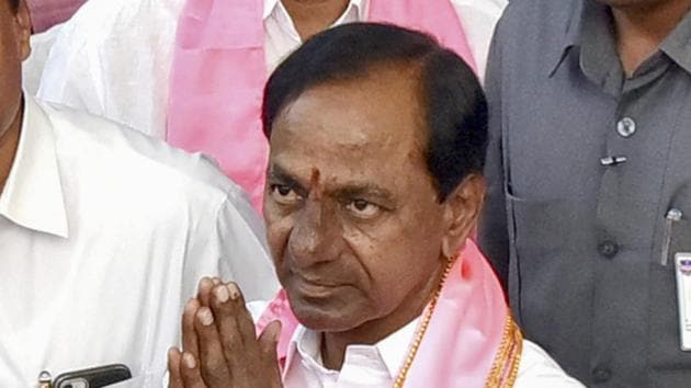 Telangana Rashtra Samithi (TRS) chief K Chandrasekhar Rao is greeted by his partyworkers as they celebrate their party's victory in the state Assembly elections, at Telangana Bhavan in Hyderabad on December 11.(PTI Photo)