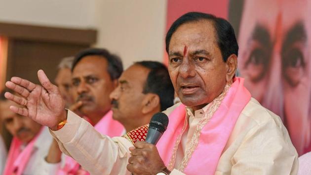 Telangana Chief Minister and TRS President K Chandrashekhar Rao addresses the party workers before submitting his government's recommendation for dissolving the Assembly, to the Governor, in Hyderabad.(PTI)