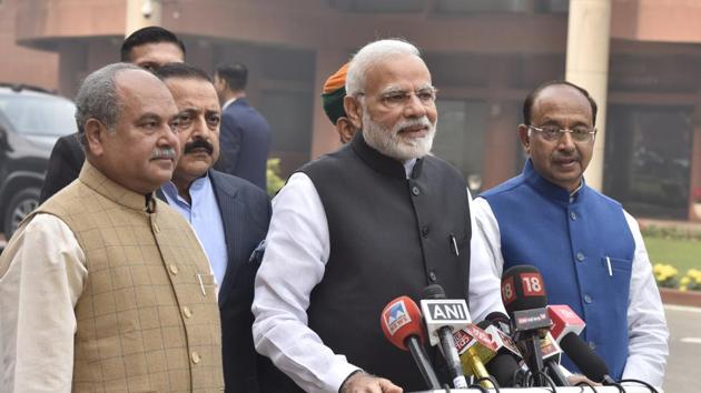 Prime Minister Narendra Modi along with his Cabinet Ministers addresses the media during the first day of Parliament Winter Session in New Delhi, India on Tuesday, December 11, 2018.(Sonu Mehta/HT PHOTO)