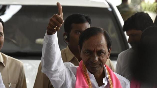 Telangana Rashtra Samithi (TRS) chief K Chandrasekhar Rao, arrives to address his party legislator at in Hyderabad. “In national politics too, Telangana will have an important role to play. We are going to play a crucial role in national politics, we will give new definition to a new national scenario,” he said. The TRS has secured over 85 seats on the 110-member assembly. (Kunal Patil / HT Photo) 