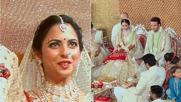 Isha Ambani wore a golden lehenga at her wedding with Anand Piramal.(Instagram)