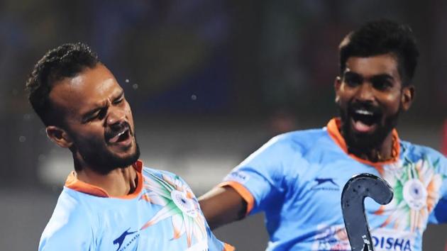 India's Lalit Upadhyay (L) celebrates after scoring a goal against Canada during the field hockey group stage match between India and Canada at the 2018 Hockey World Cup in Bhubaneswar on December 8, 2018. (AFP) India's Lalit Upadhyay (L) celebrates after scoring a goal against Canada during the field hockey group stage match between India and Canada at the 2018 Hockey World Cup in Bhubaneswar on December 8, 2018. (AFP)