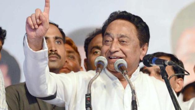 Senior Congress leader Kamal Nath addressing party workers in Jabalpur on Friday.(HT photo)