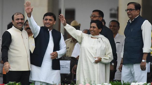 Samajwadi Party persident Akhilesh Yadav with Bahujan Samaj Party chief Mayawati. (Arijit Sen/HT Photo) Samajwadi Party persident Akhilesh Yadav with Bahujan Samaj Party chief Mayawati. (Arijit Sen/HT Photo)