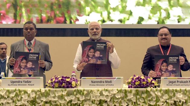Prime Minister Narendra Modi along with other delegates releases a book during the inauguration of the 4th Partners’ Forum 2018, a global meet on infant and maternal health at Vigyan Bhawan in New Delhi. (Sushil Kumar / HT Photo) 