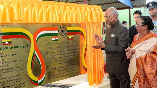 President Ram Nath Kovind with his wife Savita during a visit to Rice Bio-Park in Nay Pyi Taw, Myanmar. Kovind on Wednesday launched a mobile app developed for farmers in Myanmar and dedicated a centre and a bio park to promote agriculture research and education to the people here. (PTI) 