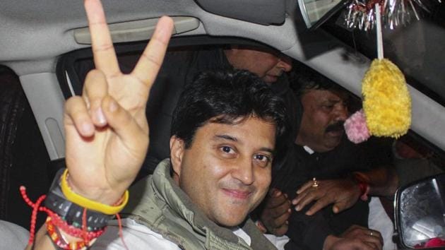 Congress party leader Jyotiraditya Scindia displays victory sign as he leaves after interacting with the media persons on the party's win in state Assembly elections, at PCC headquarters, in Bhopal on December 12. (PTI Photo) Congress party leader Jyotiraditya Scindia displays victory sign as he leaves after interacting with the media persons on the party's win in state Assembly elections, at PCC headquarters, in Bhopal on December 12. (PTI Photo)