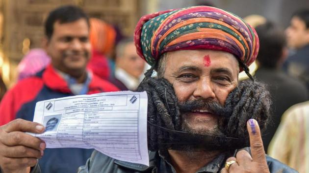 A voter after casting his vote in Rajasthan assembly election in Bikaner, Friday, December 7, 2018. (PTI) A voter after casting his vote in Rajasthan assembly election in Bikaner, Friday, December 7, 2018. (PTI)