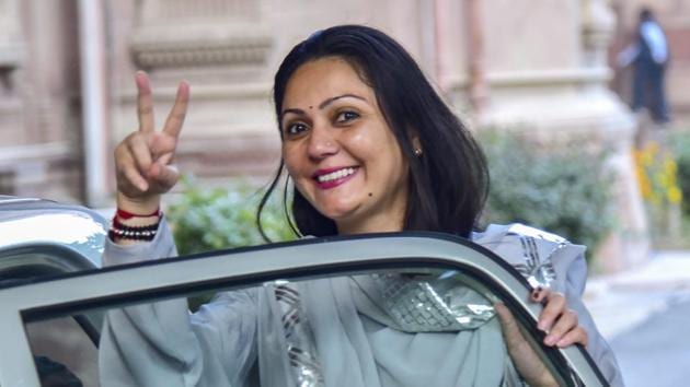 BJP candidate Siddhi Kumari flashes the victory sign after her third consecutive win in the Rajasthan Assembly polls in Bikaner on Tuesday. (PTI Photo) BJP candidate Siddhi Kumari flashes the victory sign after her third consecutive win in the Rajasthan Assembly polls in Bikaner on Tuesday. (PTI Photo)