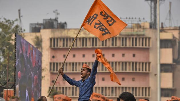 Supporters of the Vishva Hindu Parishad (VHP) at "Dharma Sabha" or a religious congregation organised by the VHP at Ramlila Ground to press their demand for the construction of Ram Temple in Ayodhya, in New Delhi. (Burhaan Kinu/HT PHOTO) Supporters of the Vishva Hindu Parishad (VHP) at "Dharma Sabha" or a religious congregation organised by the VHP at Ramlila Ground to press their demand for the construction of Ram Temple in Ayodhya, in New Delhi. (Burhaan Kinu/HT PHOTO)