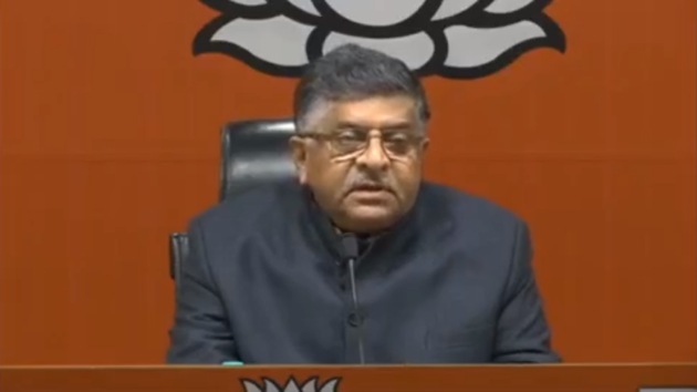 Union minister and BJP leader Ravi Shankar Prasad addresses a press conference at BJP headquarters in New Delhi on Friday. (BJP/Twitter) Union minister and BJP leader Ravi Shankar Prasad addresses a press conference at BJP headquarters in New Delhi on Friday. (BJP/Twitter)
