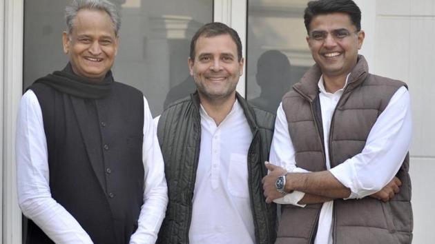 Congress president Rahul Gandhi shares photo with party leaders Ashok Gehlot and Sachin Pilot.(Rahul Gandhi/Twitter)
