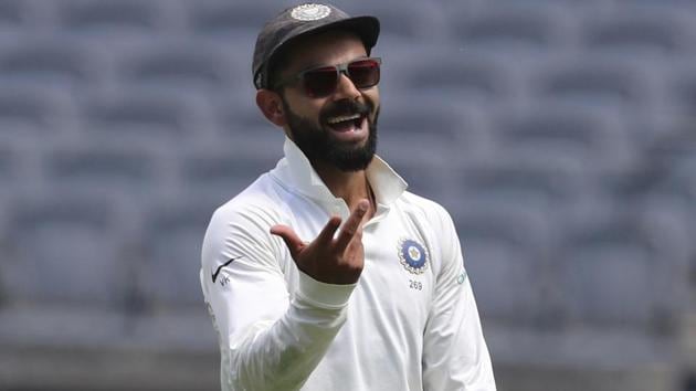 India's Virat Kohli gestures after the dismissal of Australia's Marcus Harris during the second Test in Perth. (AP) India's Virat Kohli gestures after the dismissal of Australia's Marcus Harris during the second Test in Perth. (AP)