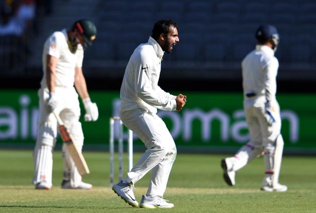 India's bowler Hanuma Vihari (C) celeberates the dismissal of Australia's batsman Shaun Marsh during day one of the second Test cricket match between Australia and India in Perth. (AFP) India's bowler Hanuma Vihari (C) celeberates the dismissal of Australia's batsman Shaun Marsh during day one of the second Test cricket match between Australia and India in Perth. (AFP)