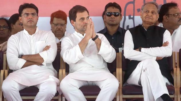 Congress President Rahul Gandhi(C) with State party president Sachin Pilot(L) and national general secretary Ashok Gehlot(R), during a public rally, in Jaipur, Rajasthan. (Himanshu Vyas / HT Photo) Congress President Rahul Gandhi(C) with State party president Sachin Pilot(L) and national general secretary Ashok Gehlot(R), during a public rally, in Jaipur, Rajasthan. (Himanshu Vyas / HT Photo)