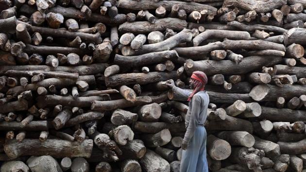 A worker stands by a pile of timber reserves, to be used by Sadhus (Hindu holy men) in religious rituals during the upcoming Kumbh Mela, at the Sangam in Prayagraj, Uttar Pradesh. (Sanjay Kanojia / AFP) A worker stands by a pile of timber reserves, to be used by Sadhus (Hindu holy men) in religious rituals during the upcoming Kumbh Mela, at the Sangam in Prayagraj, Uttar Pradesh. (Sanjay Kanojia / AFP)