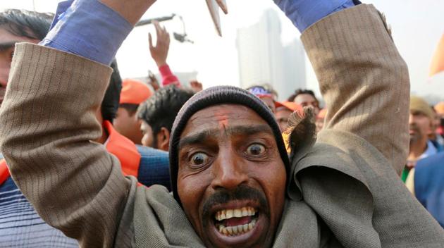A supporter of the Vishva Hindu Parishad (VHP), a Hindu nationalist organisation, shouts religious slogans during “Dharma Sabha” or a religious congregation organised by the VHP in New Delhi. (Adnan Abidi / REUTERS) A supporter of the Vishva Hindu Parishad (VHP), a Hindu nationalist organisation, shouts religious slogans during “Dharma Sabha” or a religious congregation organised by the VHP in New Delhi. (Adnan Abidi / REUTERS)