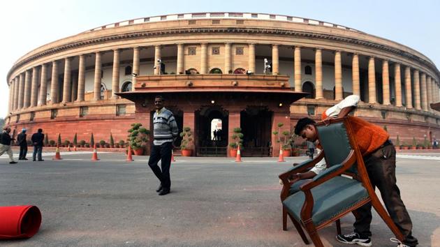 Cleaning work in progress before the Winter Session starts at Parliament House in New Delhi. (Sonu Mehta / HT Photo) Cleaning work in progress before the Winter Session starts at Parliament House in New Delhi. (Sonu Mehta / HT Photo)