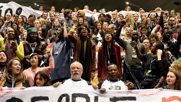 There were protests by climate activists at the COP24 venue on Friday afternoon. (AFP) There were protests by climate activists at the COP24 venue on Friday afternoon. (AFP)