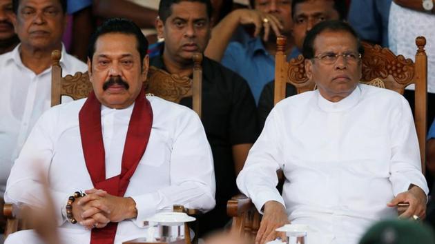 Sri Lanka's Prime Minister Mahinda Rajapaksa and President Maithripala Sirisena during a rally near Parliament in Colombo, Sri Lanka.(REUTERS)