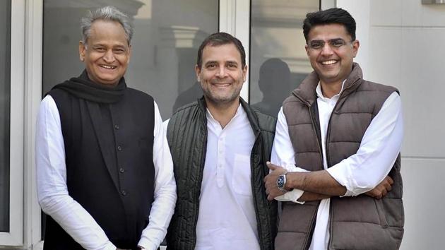 Congress President Rahul Gandhi with Rajasthan Congress President Sachin Pilot and senior party leader Ashok Gehlot, in New Delhi. Gehlot will be Rajasthan’s next chief minister and Sachin Pilot his deputy, the Congress announced on Friday, not long after Gandhi met both leaders. “The united colours of Rajasthan,” Gandhi had tweeted, along with this photograph. (Twitter / PTI) Congress President Rahul Gandhi with Rajasthan Congress President Sachin Pilot and senior party leader Ashok Gehlot, in New Delhi. Gehlot will be Rajasthan’s next chief minister and Sachin Pilot his deputy, the Congress announced on Friday, not long after Gandhi met both leaders. “The united colours of Rajasthan,” Gandhi had tweeted, along with this photograph. (Twitter / PTI)
