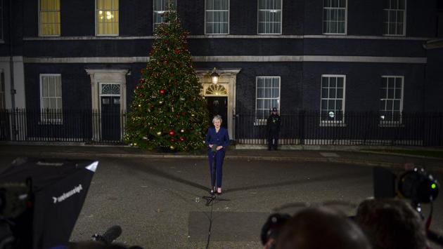 British Prime Minister Theresa May delivers a statement outside No.10 Downing Street in London, England after surviving an attempt to oust her through a confidence vote. May remains but the size of the rebellion against her weakens her position as she tries to steer the UK out of the European Union. (Chris J. Ratcliffe / Bloomberg) British Prime Minister Theresa May delivers a statement outside No.10 Downing Street in London, England after surviving an attempt to oust her through a confidence vote. May remains but the size of the rebellion against her weakens her position as she tries to steer the UK out of the European Union. (Chris J. Ratcliffe / Bloomberg)