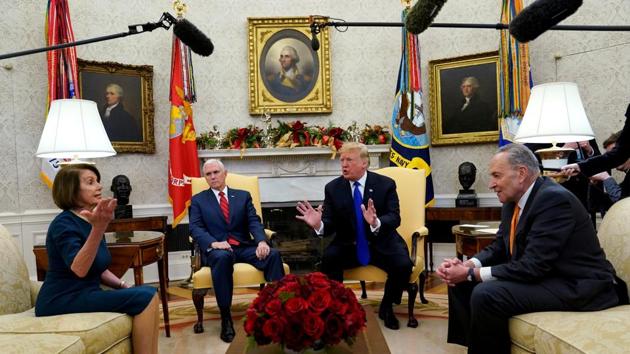 US President Donald Trump speaks next to Vice President Mike Pence (2ndL) while meeting with Senate Democratic Leader Chuck Schumer (D-NY) and House Democratic Leader Nancy Pelosi (D-CA) at the White House in Washington, in a rare public meeting between leaders of the two parties in the US. (Kevin Lamarque / REUTERS) US President Donald Trump speaks next to Vice President Mike Pence (2ndL) while meeting with Senate Democratic Leader Chuck Schumer (D-NY) and House Democratic Leader Nancy Pelosi (D-CA) at the White House in Washington, in a rare public meeting between leaders of the two parties in the US. (Kevin Lamarque / REUTERS)