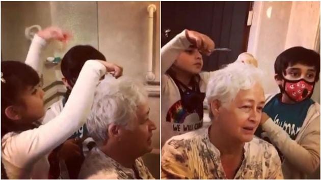 Nafisa Ali’s granddaughter and grandson cut her hair.(Instagram)