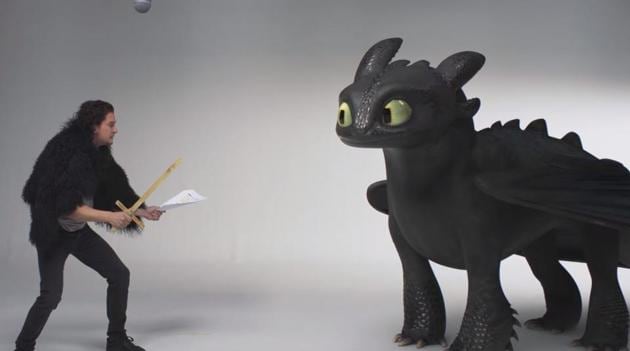 Kit Harington is confusing two worlds. Seen in this video with Toothless from How to Train Your Dragon: The Hidden World.