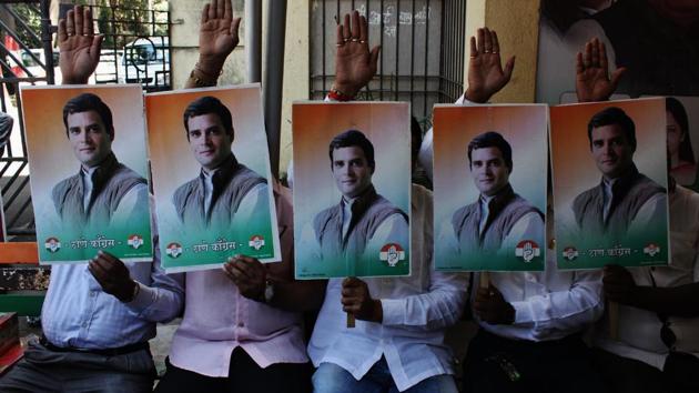 Congress Party workers celebrate as initial trends show the party leading in the Madhya Pradesh, Chhattisgarh and Rajasthan assembly elections at the Congress Office, Station Road Thane, Maharashtra. (Praful Gangurde / HT Photo) Congress Party workers celebrate as initial trends show the party leading in the Madhya Pradesh, Chhattisgarh and Rajasthan assembly elections at the Congress Office, Station Road Thane, Maharashtra. (Praful Gangurde / HT Photo)