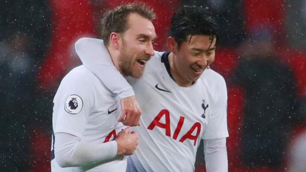 Tottenham's Christian Eriksen celebrates with Son Heung-min at the end of the match.(Action Images via Reuters)